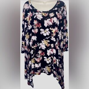 Meri Skye Asymmetrical Knit Top 1X Black Pink Scoop Neck 3/4 Sleeves Made In USA